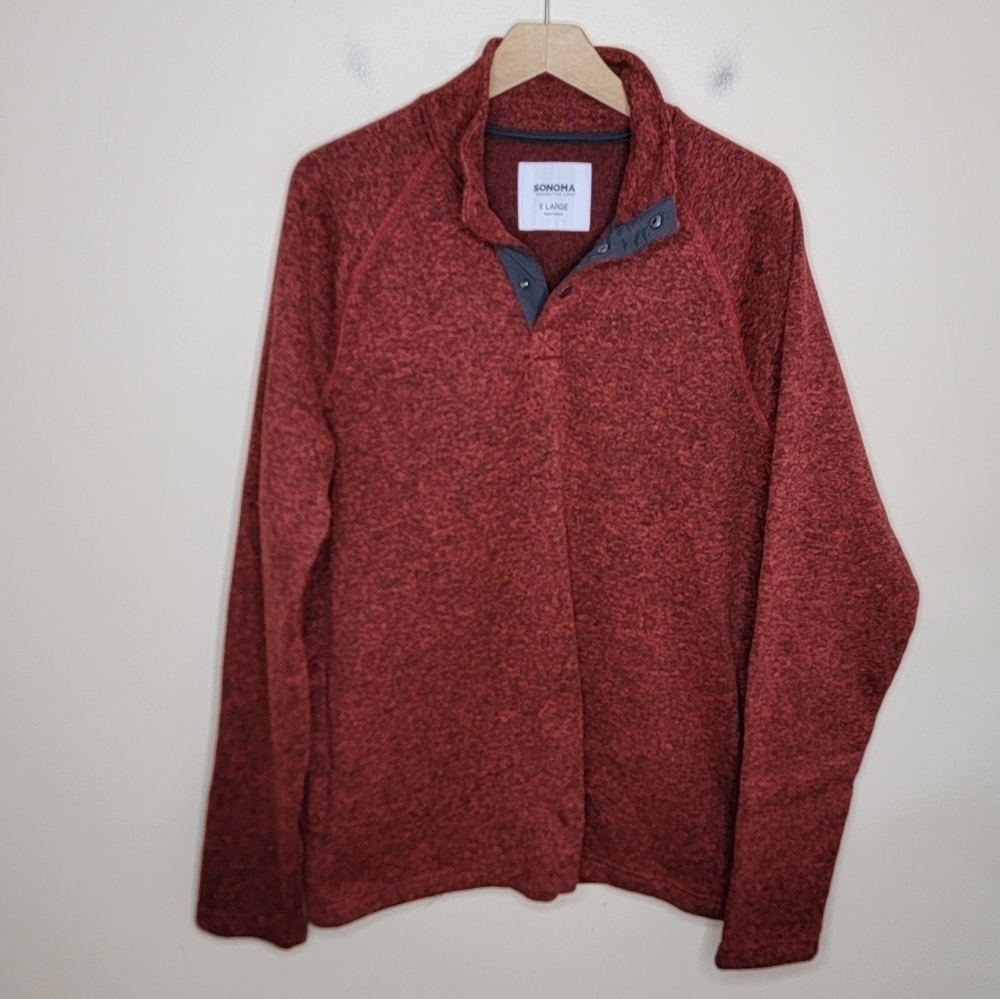 Sonoma Heathered Rust Red Snap Mockneck Sweater Fleece Mens Size XL